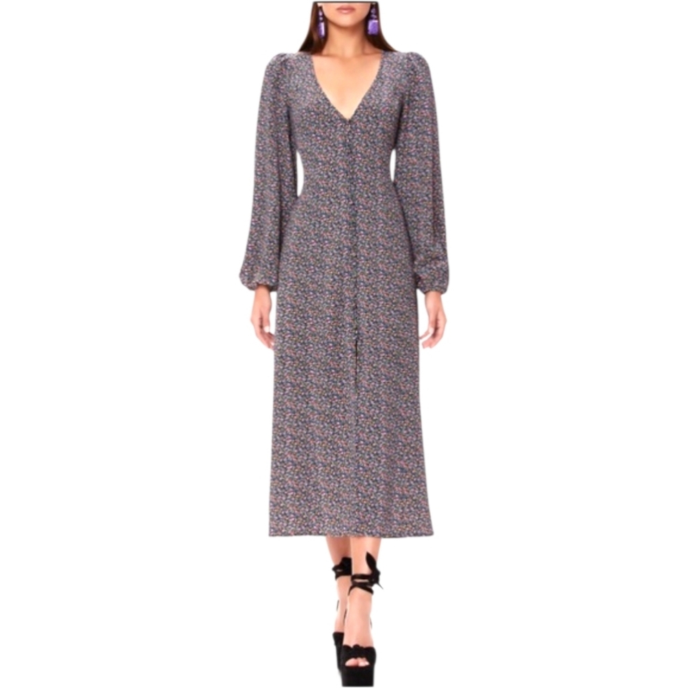 AFRM Violet Blouson Sleeves Plunge Neck Button Detail Ditsy Floral Midi Dress SM